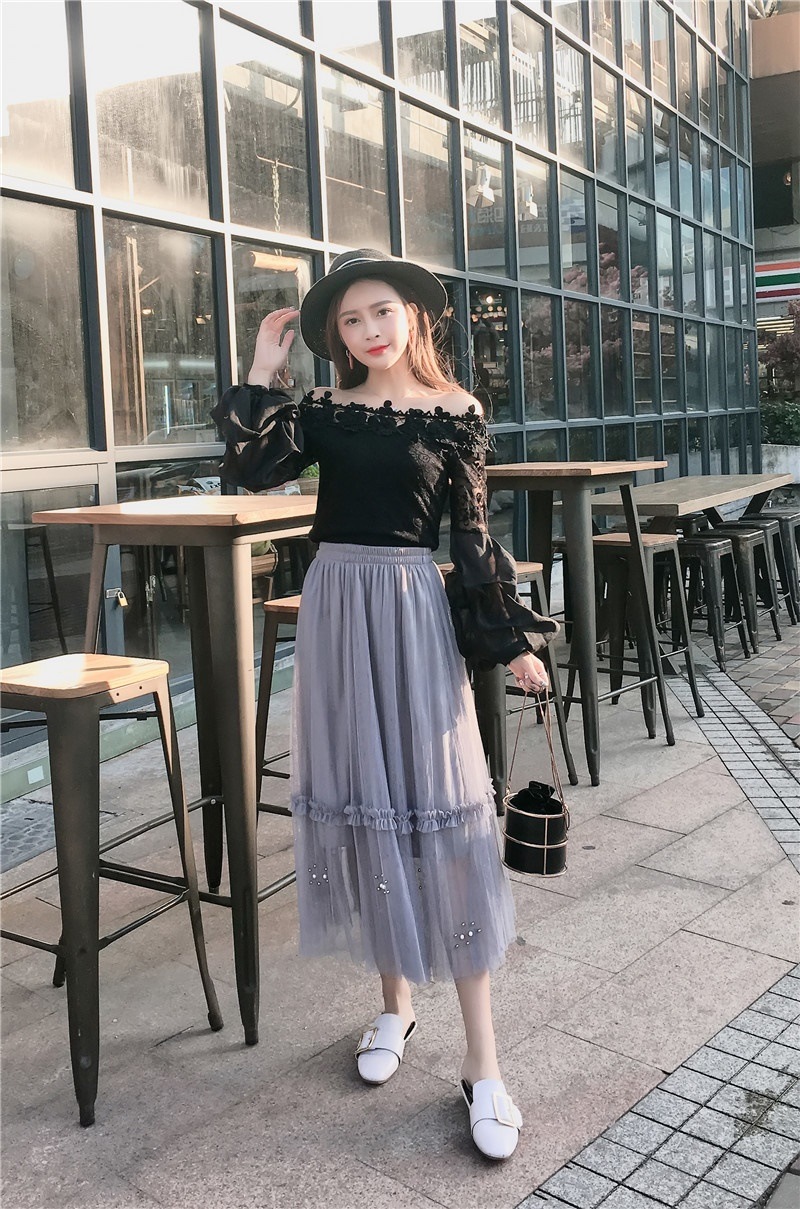 3111.ロング丈 ウエストゴムチュールスカート(ライトグレー) 3111.ロング丈 ウエストゴムチュールスカート(ライトグレー)