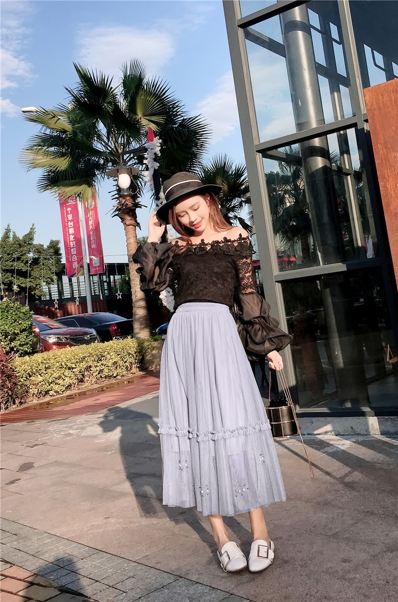 3111.ロング丈 ウエストゴムチュールスカート(ライトグレー) 3111.ロング丈 ウエストゴムチュールスカート(ライトグレー)