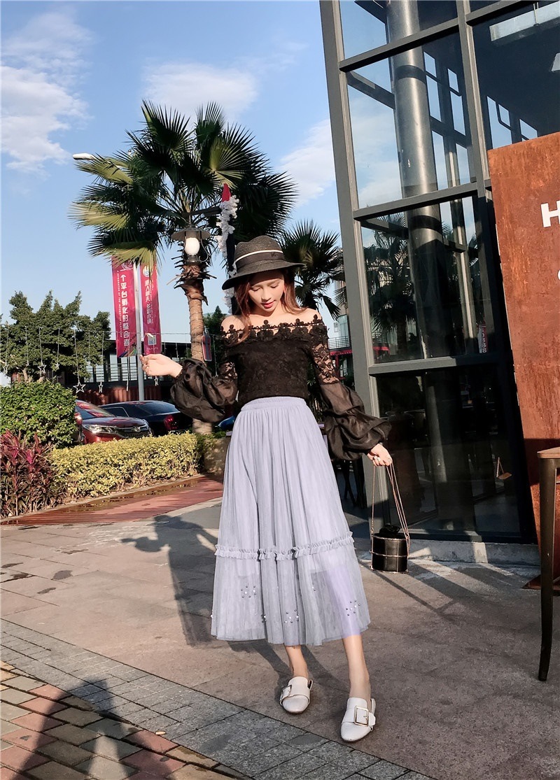 3111.ロング丈 ウエストゴムチュールスカート(ライトグレー) 3111.ロング丈 ウエストゴムチュールスカート(ライトグレー)