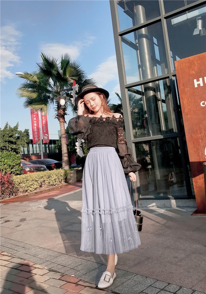 3111.ロング丈 ウエストゴムチュールスカート(ライトグレー) 3111.ロング丈 ウエストゴムチュールスカート(ライトグレー)