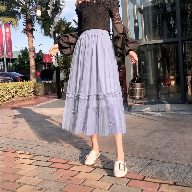 3111.ロング丈 ウエストゴムチュールスカート(ライトグレー) 3111.ロング丈 ウエストゴムチュールスカート(ライトグレー)