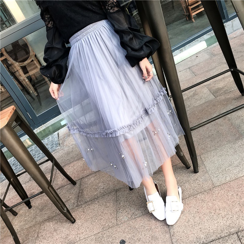 3111.ロング丈 ウエストゴムチュールスカート(ライトグレー) 3111.ロング丈 ウエストゴムチュールスカート(ライトグレー)