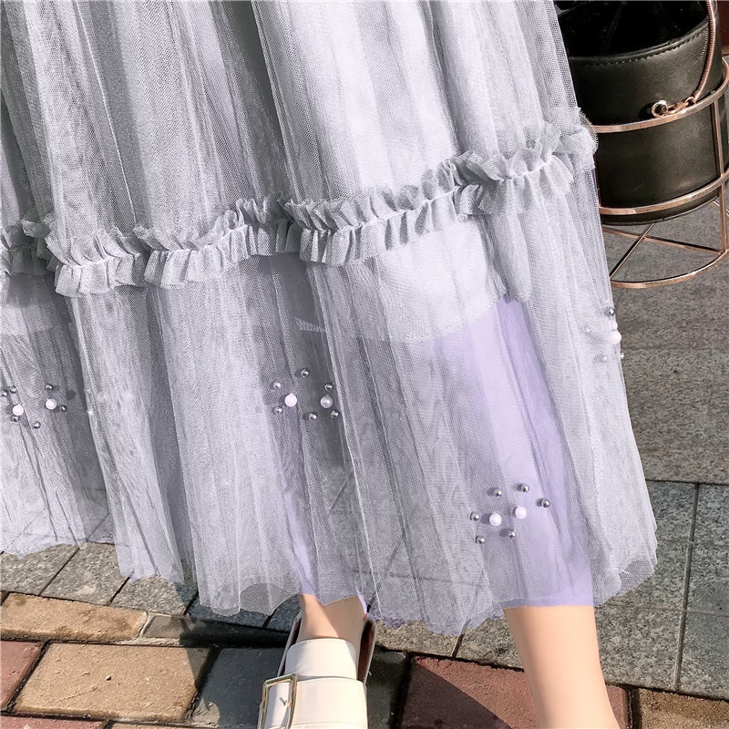 3111.ロング丈 ウエストゴムチュールスカート(ライトグレー) 3111.ロング丈 ウエストゴムチュールスカート(ライトグレー)