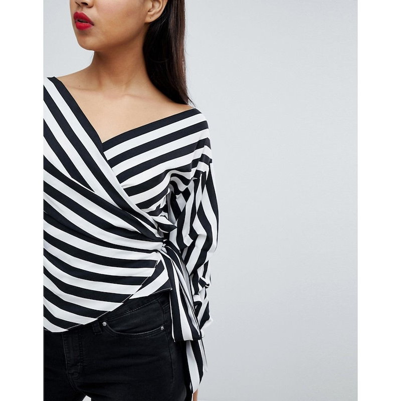 ミスガイデッド レディース トップス【Missguided Striped Exaggerated Sleeve Wrap Top】Black/white ミスガイデッド レディース トップス【Missguided Striped Exaggerated Sleeve Wrap Top】Black/white