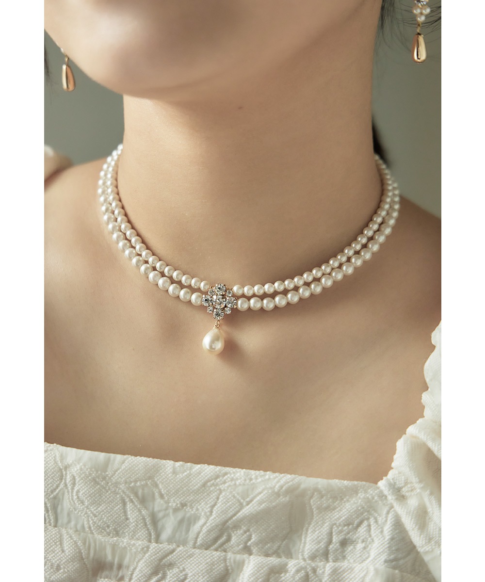 ネックレス パール ビジュー チョーカー ショート 2連 小粒パール レディース アクセサリー ジュエリー 上品 ゴールド 普段使い フォーマル パーティー 結婚式 セレモニー 入学式 卒業式