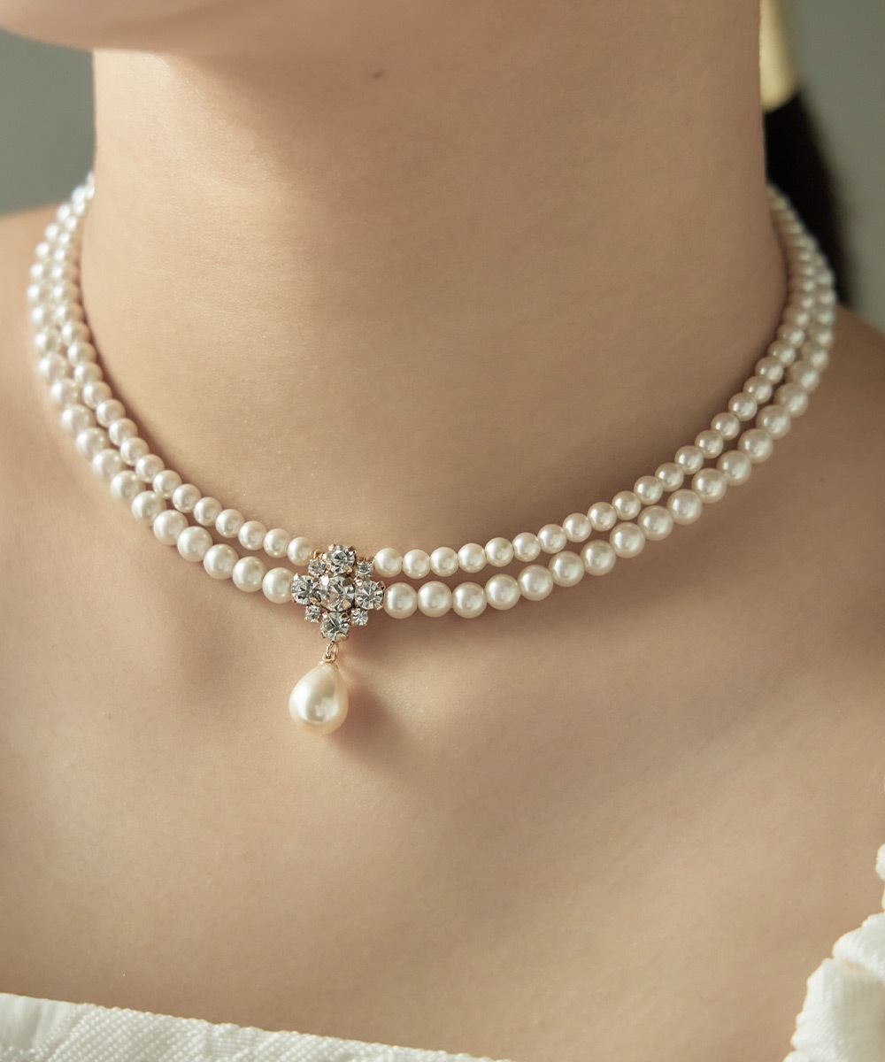 ネックレス パール ビジュー チョーカー ショート 2連 小粒パール レディース アクセサリー ジュエリー 上品 ゴールド 普段使い フォーマル パーティー 結婚式 セレモニー 入学式 卒業式