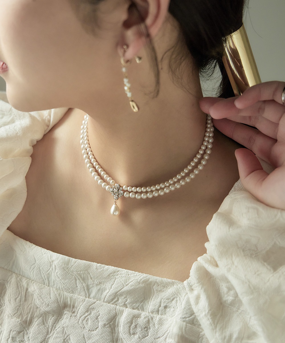 ネックレス パール ビジュー チョーカー ショート 2連 小粒パール レディース アクセサリー ジュエリー 上品 ゴールド 普段使い フォーマル パーティー 結婚式 セレモニー 入学式 卒業式