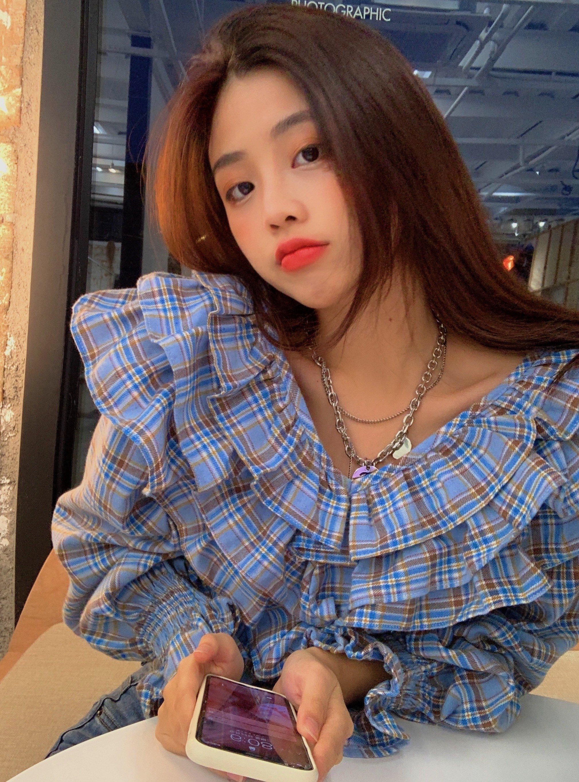 トップス ブラウス レディース 夏 春 秋 かわいい 長袖 長袖 ボリューム袖 フリル袖 Vネック 襟付き 大きな襟 ２重襟 フレア 青 ブルー 春カラー S M L かわいい カジュアル おしゃれ