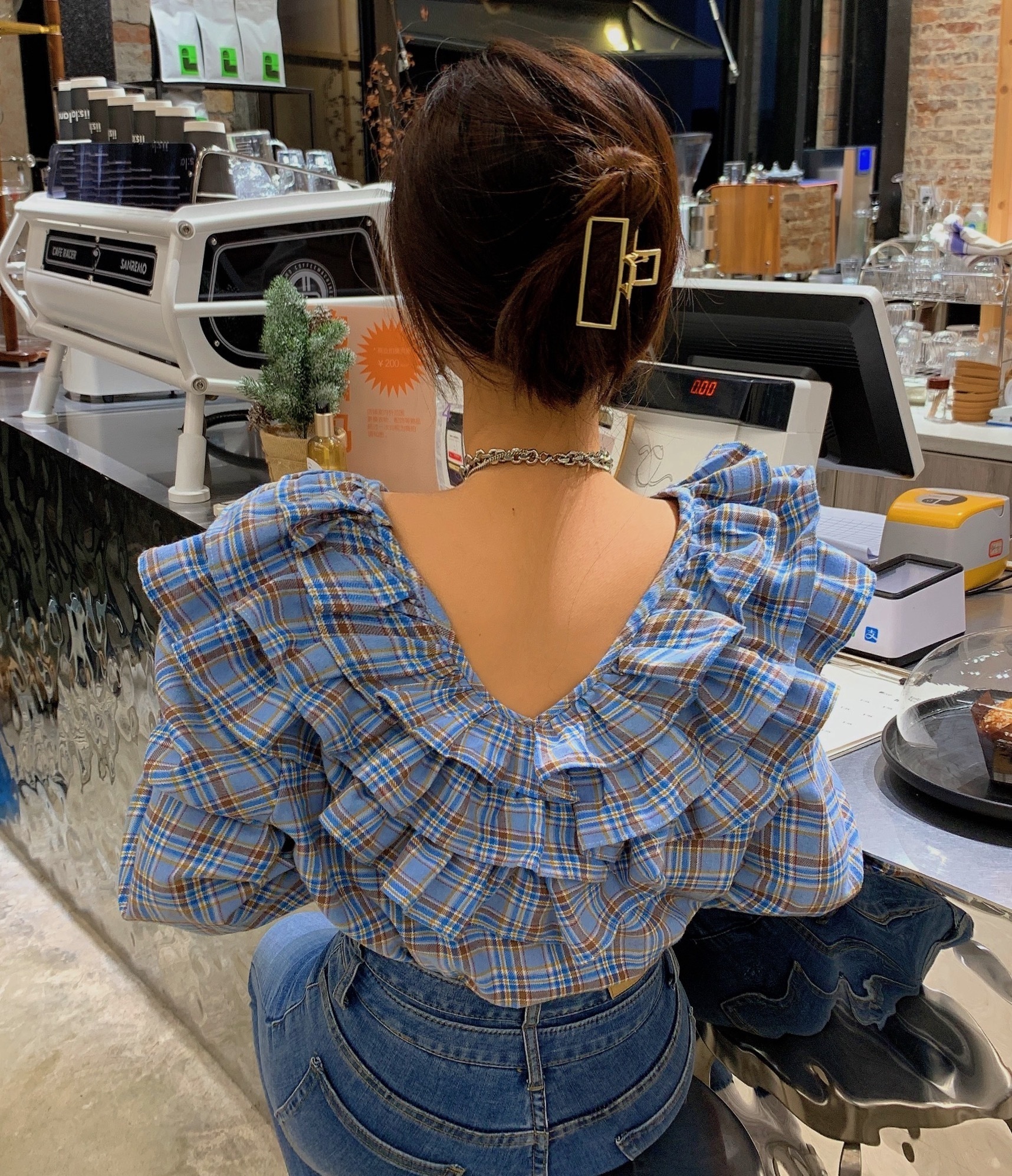 トップス ブラウス レディース 夏 春 秋 かわいい 長袖 長袖 ボリューム袖 フリル袖 Vネック 襟付き 大きな襟 ２重襟 フレア 青 ブルー 春カラー S M L かわいい カジュアル おしゃれ