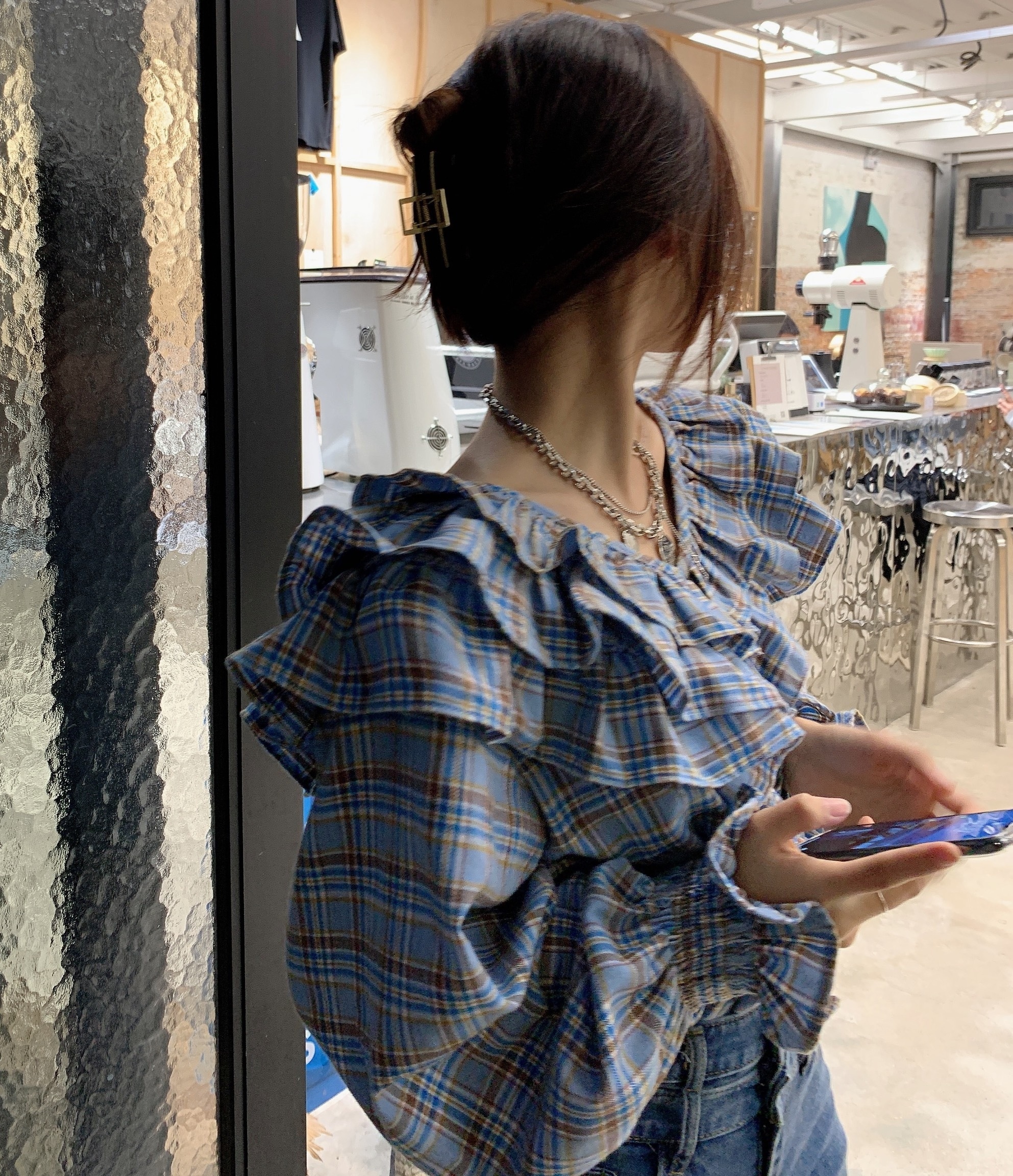 トップス ブラウス レディース 夏 春 秋 かわいい 長袖 長袖 ボリューム袖 フリル袖 Vネック 襟付き 大きな襟 ２重襟 フレア 青 ブルー 春カラー S M L かわいい カジュアル おしゃれ