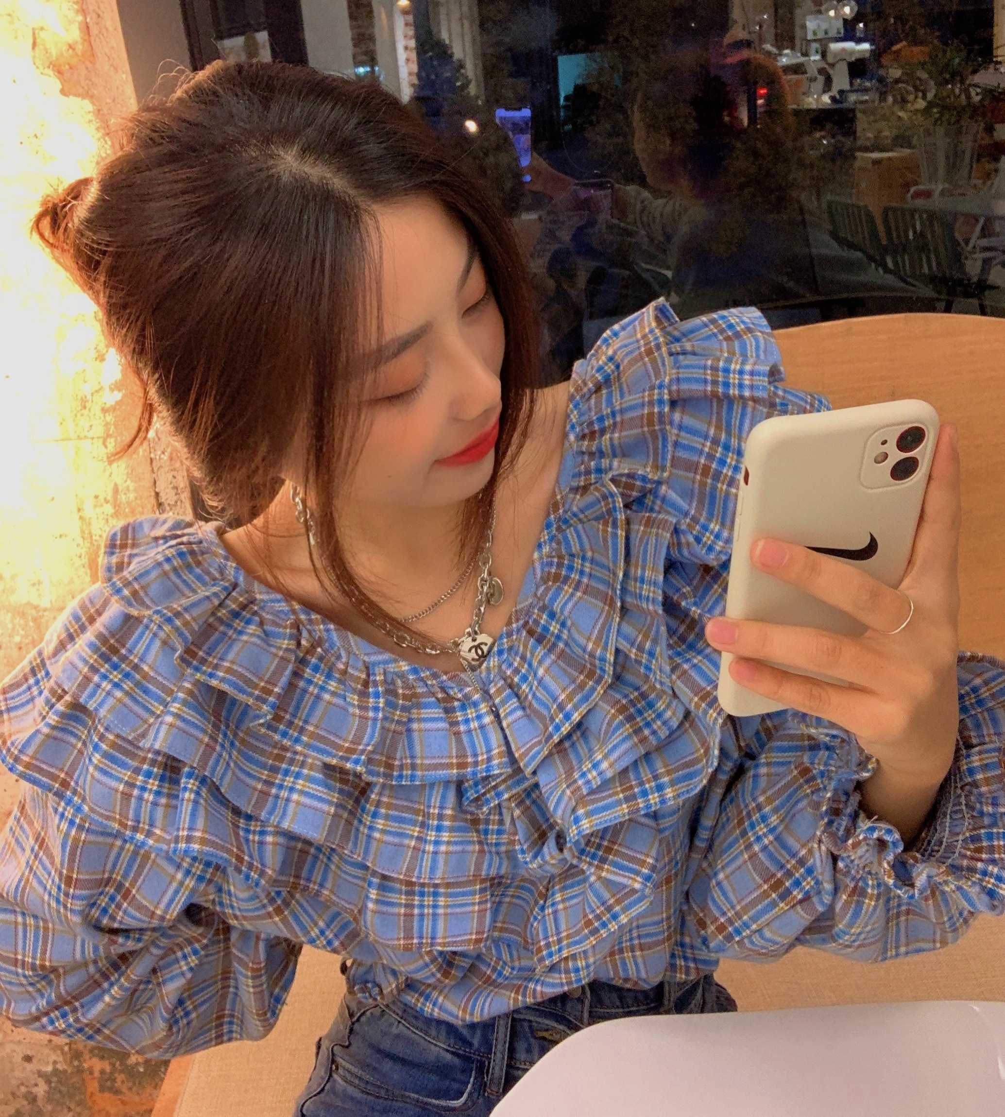 トップス ブラウス レディース 夏 春 秋 かわいい 長袖 長袖 ボリューム袖 フリル袖 Vネック 襟付き 大きな襟 ２重襟 フレア 青 ブルー 春カラー S M L かわいい カジュアル おしゃれ