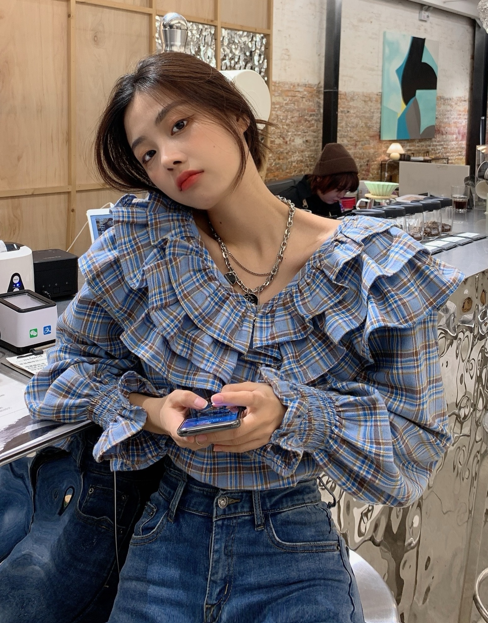 トップス ブラウス レディース 夏 春 秋 かわいい 長袖 長袖 ボリューム袖 フリル袖 Vネック 襟付き 大きな襟 ２重襟 フレア 青 ブルー 春カラー S M L かわいい カジュアル おしゃれ