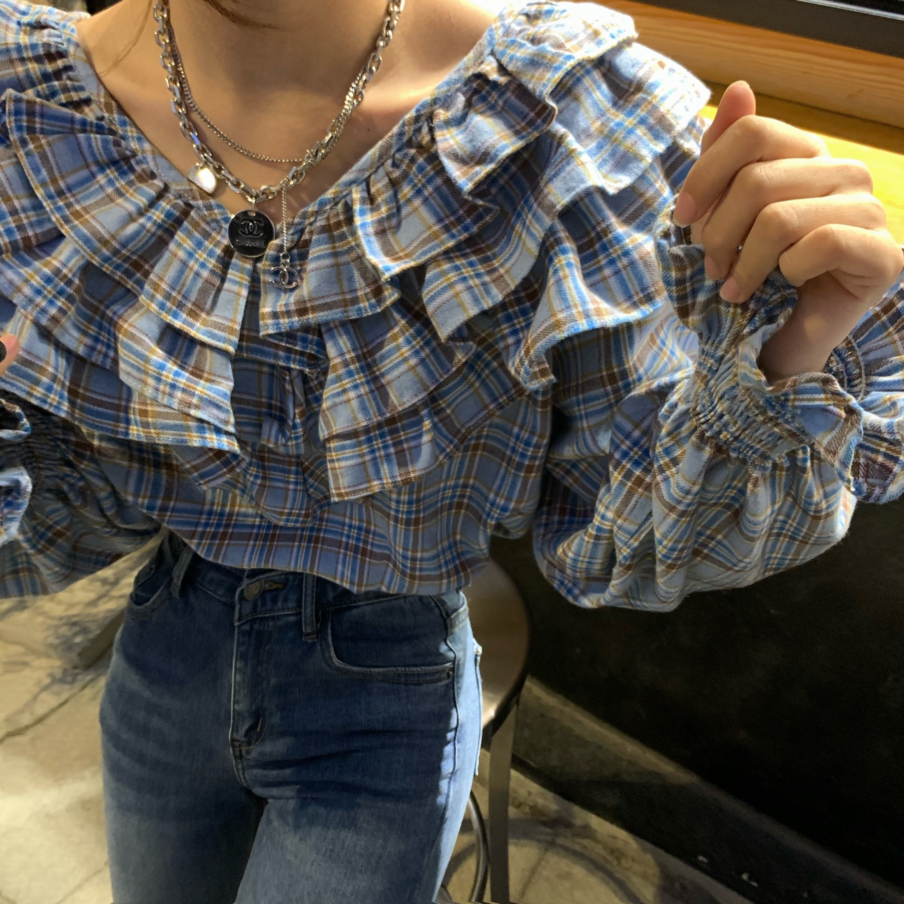 トップス ブラウス レディース 夏 春 秋 かわいい 長袖 長袖 ボリューム袖 フリル袖 Vネック 襟付き 大きな襟 ２重襟 フレア 青 ブルー 春カラー S M L かわいい カジュアル おしゃれ