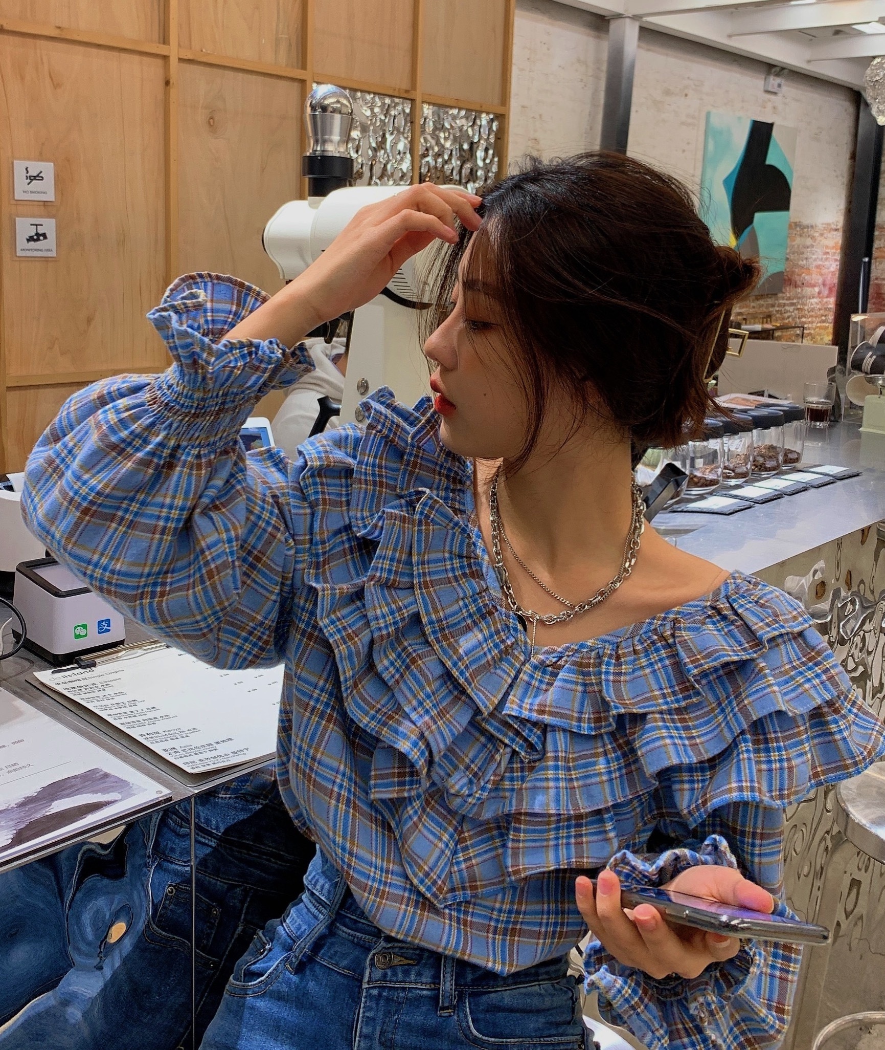 トップス ブラウス レディース 夏 春 秋 かわいい 長袖 長袖 ボリューム袖 フリル袖 Vネック 襟付き 大きな襟 ２重襟 フレア 青 ブルー 春カラー S M L かわいい カジュアル おしゃれ