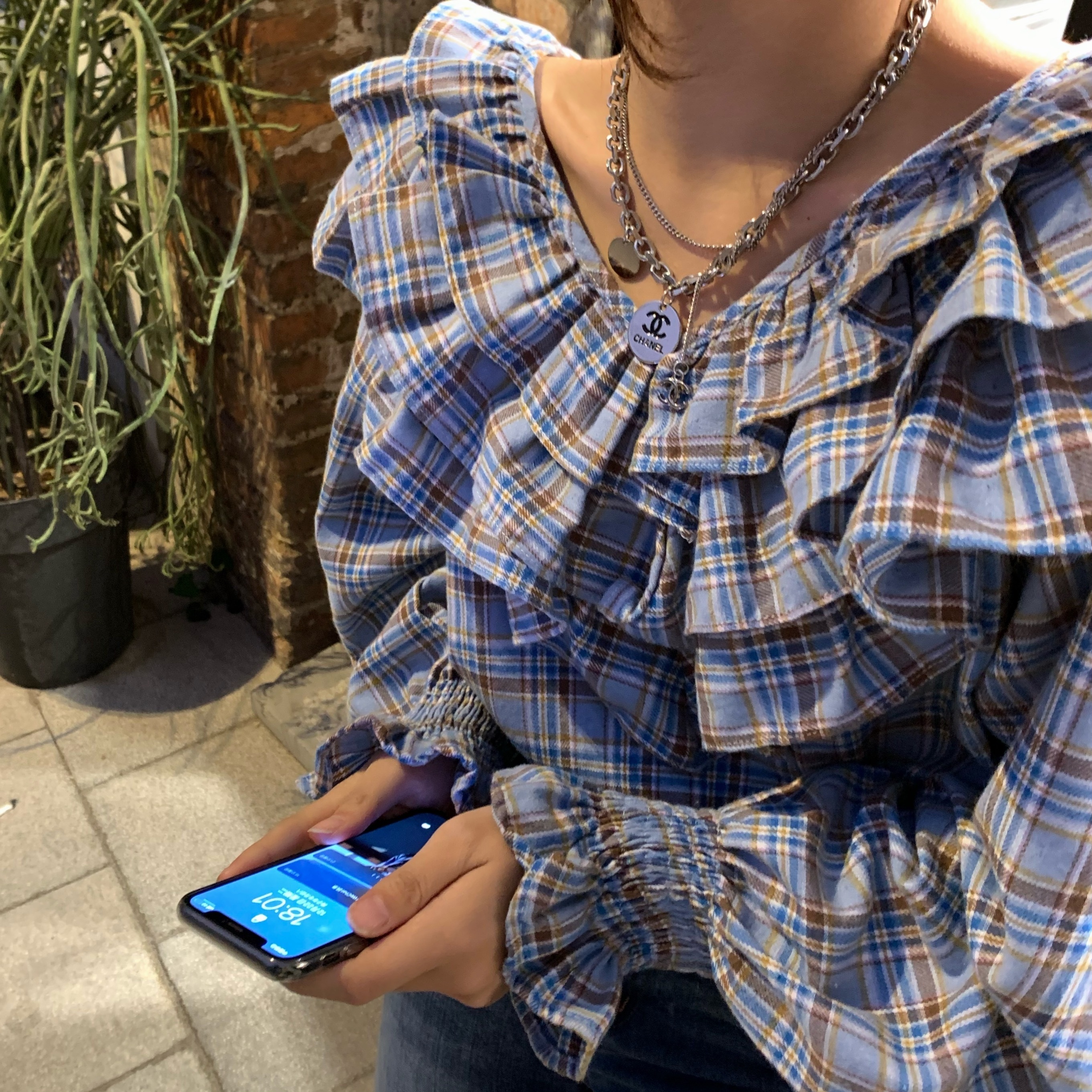 トップス ブラウス レディース 夏 春 秋 かわいい 長袖 長袖 ボリューム袖 フリル袖 Vネック 襟付き 大きな襟 ２重襟 フレア 青 ブルー 春カラー S M L かわいい カジュアル おしゃれ