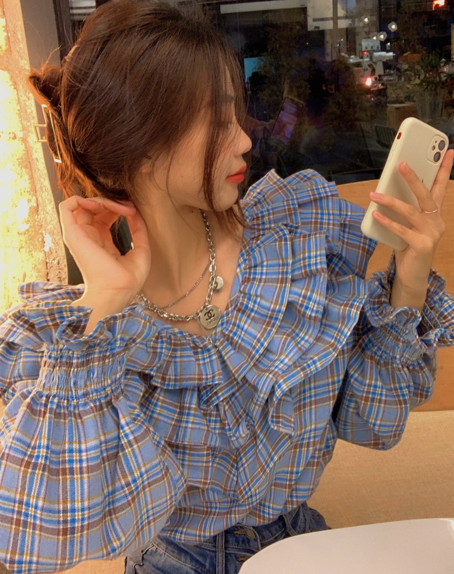 トップス ブラウス レディース 夏 春 秋 かわいい 長袖 長袖 ボリューム袖 フリル袖 Vネック 襟付き 大きな襟 ２重襟 フレア 青 ブルー 春カラー S M L かわいい カジュアル おしゃれ