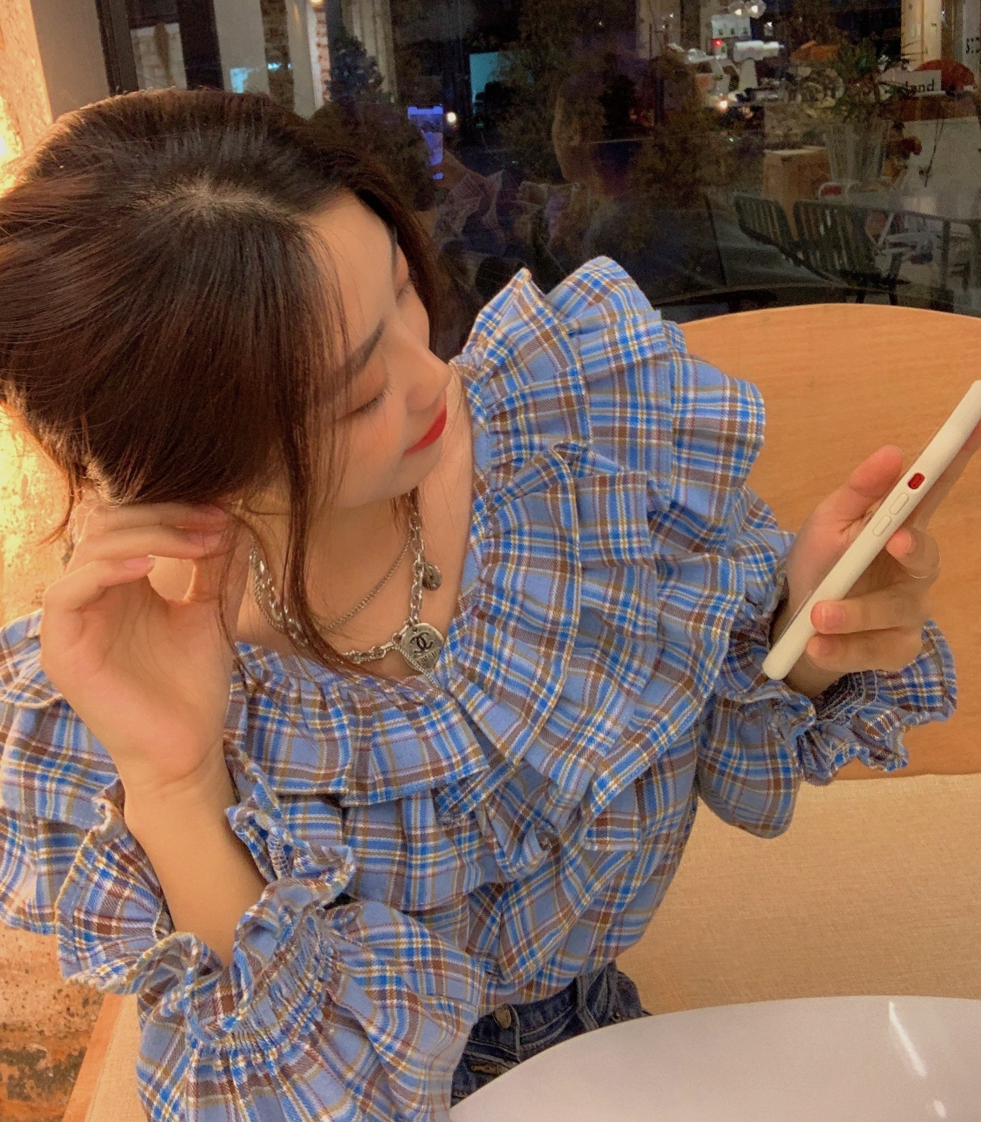 トップス ブラウス レディース 夏 春 秋 かわいい 長袖 長袖 ボリューム袖 フリル袖 Vネック 襟付き 大きな襟 ２重襟 フレア 青 ブルー 春カラー S M L かわいい カジュアル おしゃれ