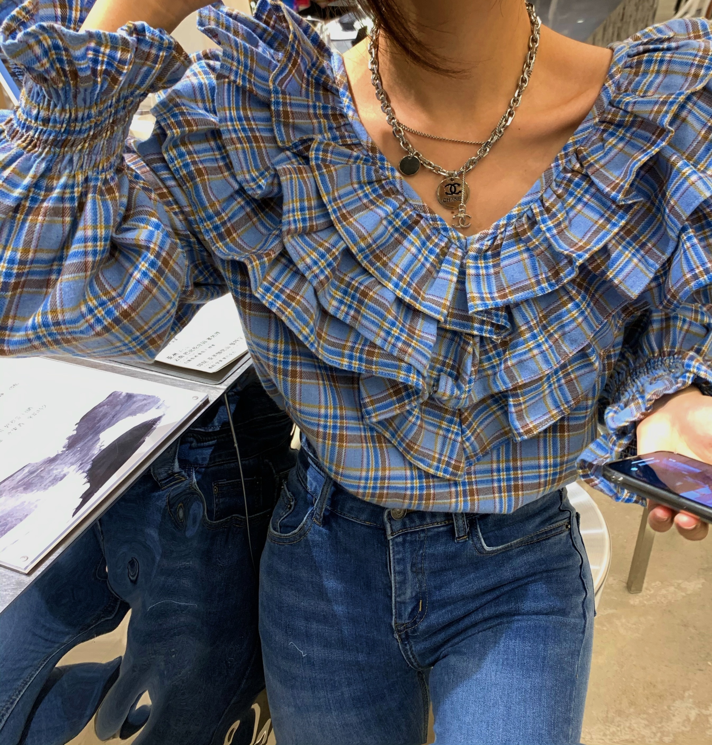 トップス ブラウス レディース 夏 春 秋 かわいい 長袖 長袖 ボリューム袖 フリル袖 Vネック 襟付き 大きな襟 ２重襟 フレア 青 ブルー 春カラー S M L かわいい カジュアル おしゃれ