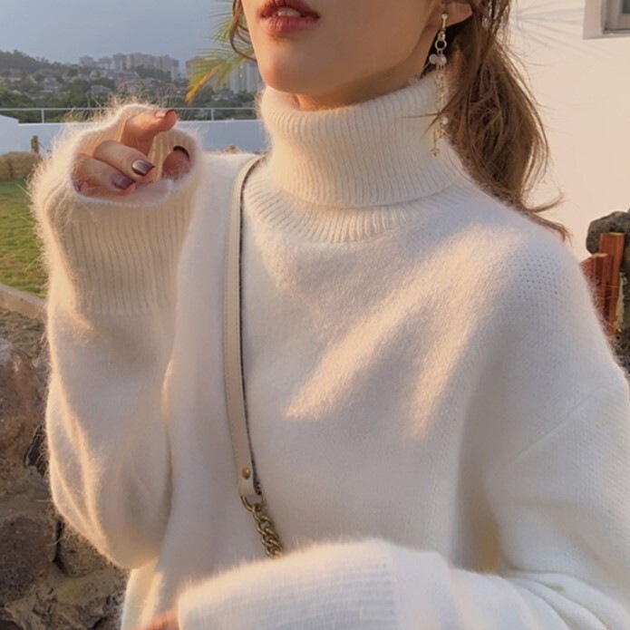 タートルネックセーター ホワイト ピンク イエロー ワンピース ニットソー セーター スリム 細身