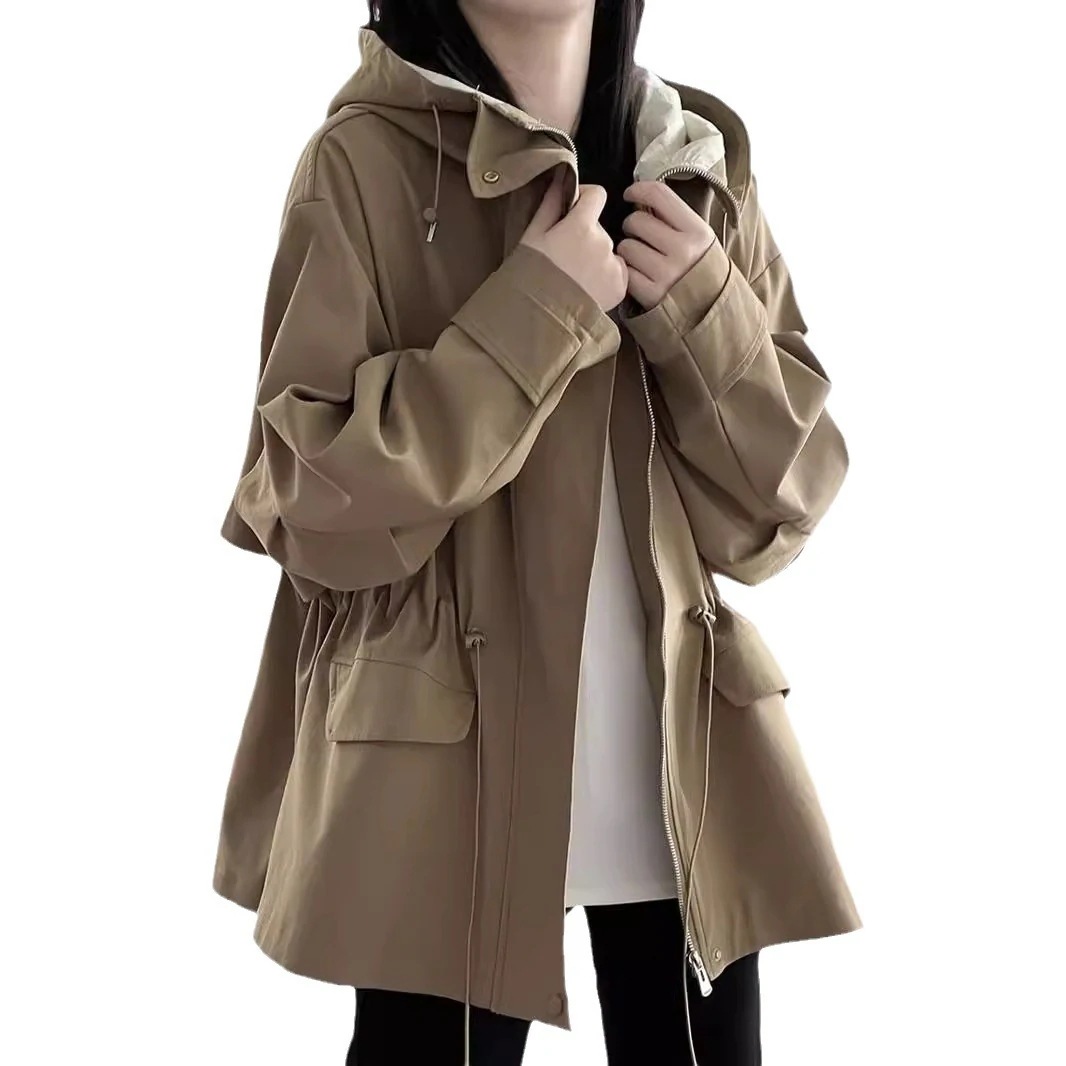 ブリティッシュカーキのフードパーカーレディース秋小柄ショート丈コートレトロカジュアルゆったりトップス