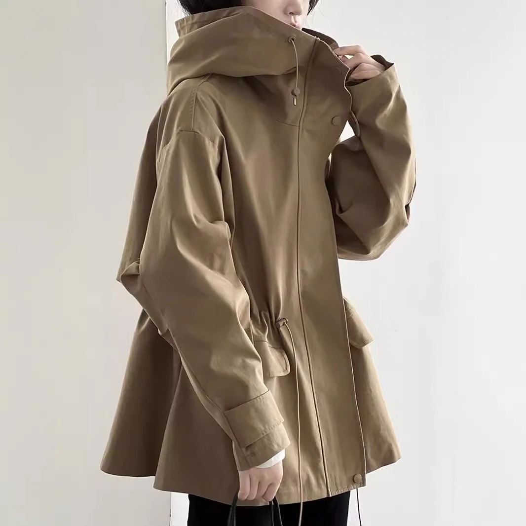 ブリティッシュカーキのフードパーカーレディース秋小柄ショート丈コートレトロカジュアルゆったりトップス
