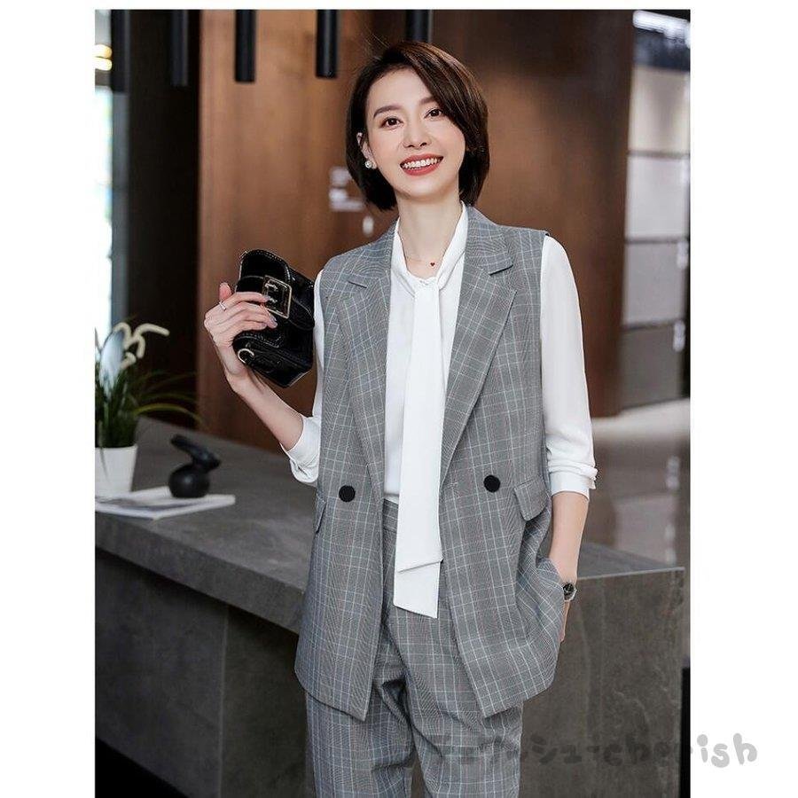 春のコレクション 細身シルエット フォーマル 事務服 40代 30 チェック柄 ベスト付き パンツスーツ レディース2点セット 制服 上品 通勤 卒業式 入学式 ビジネススーツ Ol その他 スーツ Size グレー Qualitygb Do