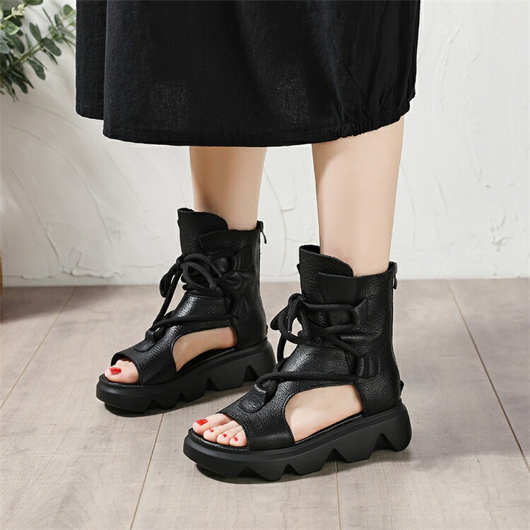 【激安開催！】牛革サンダル ブーツサンダル レディース おしゃれ 靴 黒 ブラック ブラウン 涼しい 本革 厚底 サンダル ウエッジソール バックジッパー カジュアル オープントゥ 涼感 歩きやすい