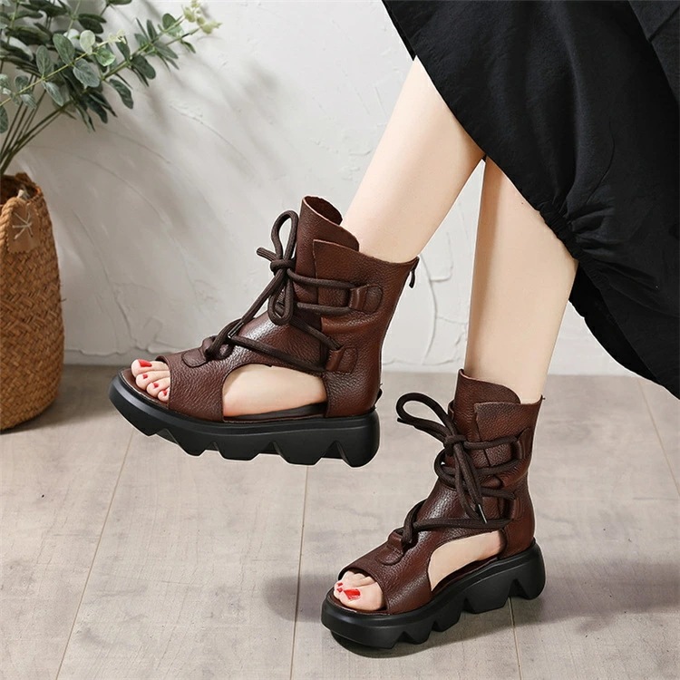【激安開催！】牛革サンダル ブーツサンダル レディース おしゃれ 靴 黒 ブラック ブラウン 涼しい 本革 厚底 サンダル ウエッジソール バックジッパー カジュアル オープントゥ 涼感 歩きやすい