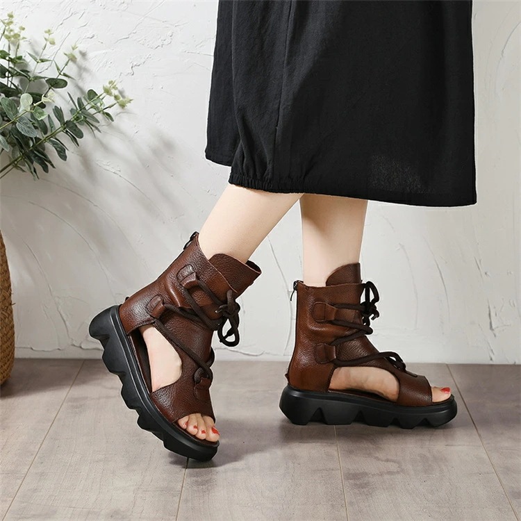 【激安開催！】牛革サンダル ブーツサンダル レディース おしゃれ 靴 黒 ブラック ブラウン 涼しい 本革 厚底 サンダル ウエッジソール バックジッパー カジュアル オープントゥ 涼感 歩きやすい