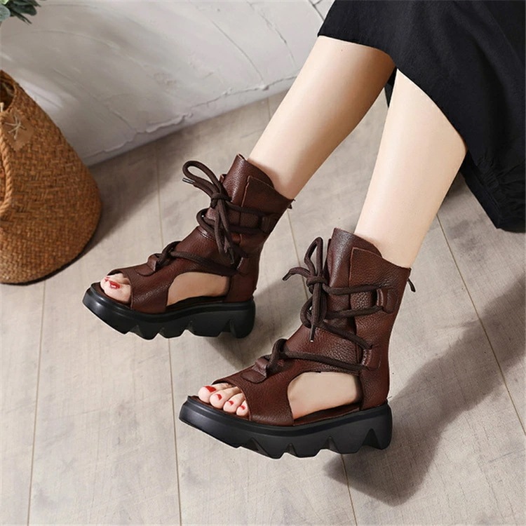 【激安開催！】牛革サンダル ブーツサンダル レディース おしゃれ 靴 黒 ブラック ブラウン 涼しい 本革 厚底 サンダル ウエッジソール バックジッパー カジュアル オープントゥ 涼感 歩きやすい