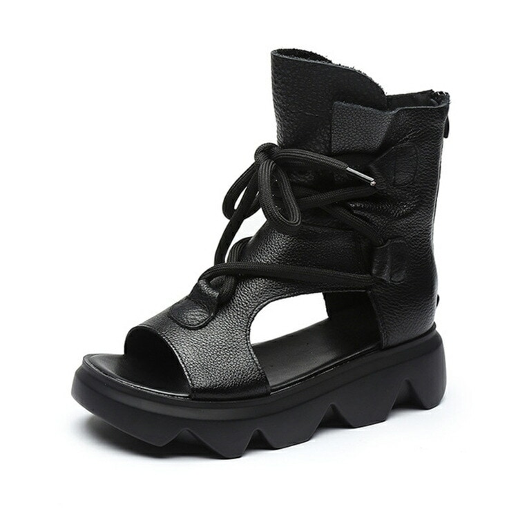 【激安開催！】牛革サンダル ブーツサンダル レディース おしゃれ 靴 黒 ブラック ブラウン 涼しい 本革 厚底 サンダル ウエッジソール バックジッパー カジュアル オープントゥ 涼感 歩きやすい