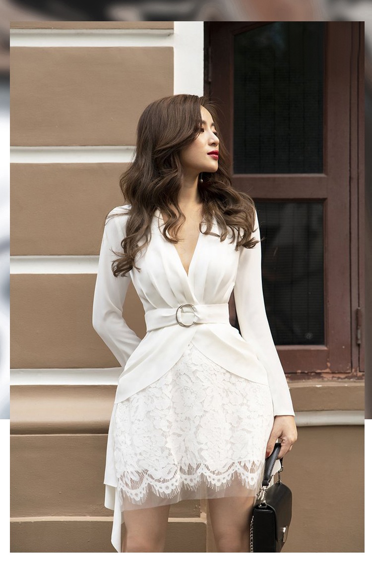 【セットアップ】Vネックジャケット＋総レーススカート ツーピース ２カラー a885