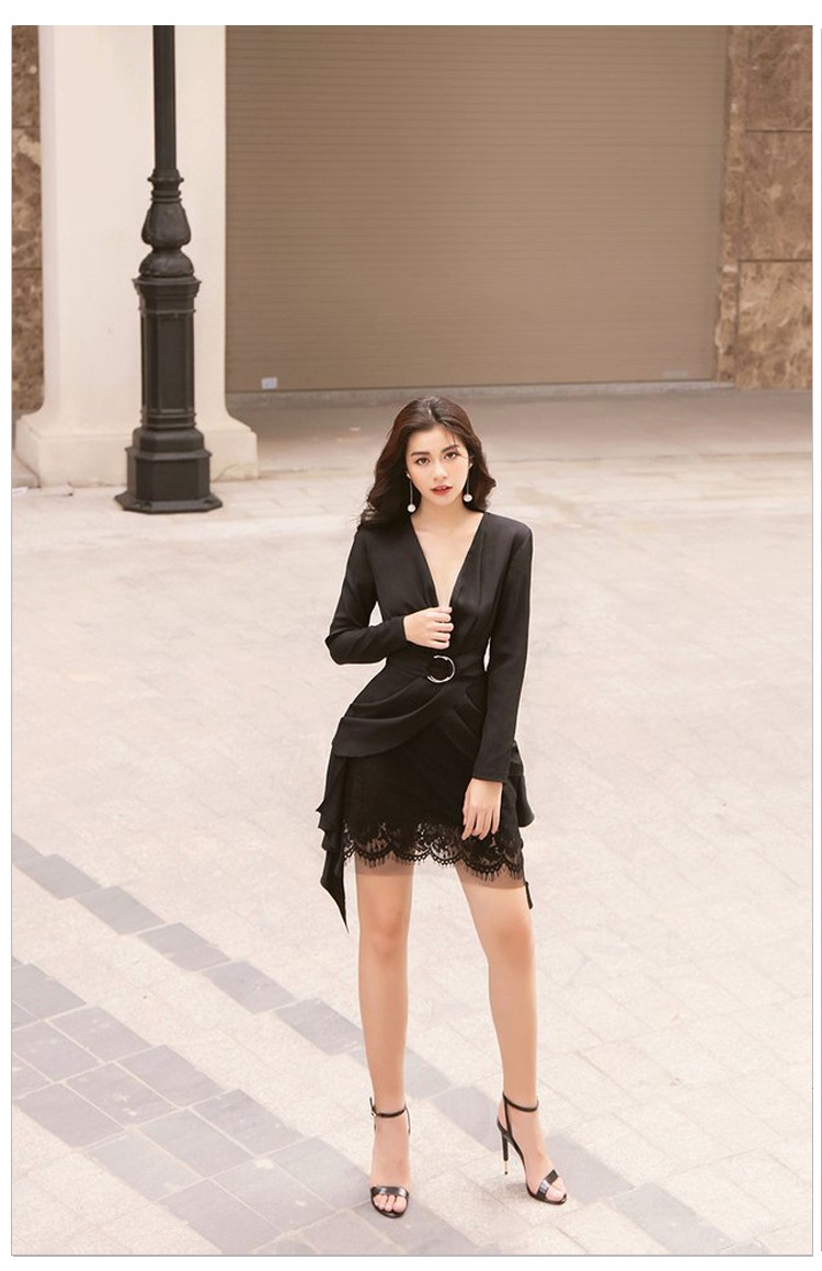 【セットアップ】Vネックジャケット＋総レーススカート ツーピース ２カラー a885