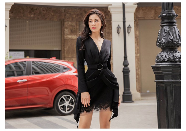 【セットアップ】Vネックジャケット＋総レーススカート ツーピース ２カラー a885