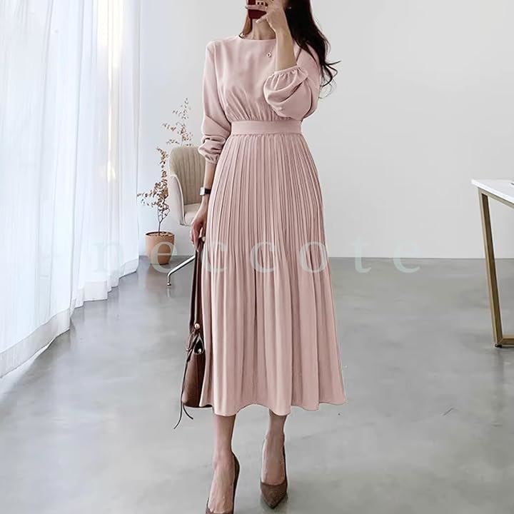 レディース ワンピース ドレス プリーツ クラシカル 長袖 パーティ 無地 ロング丈 大人 オフィス 春 秋 冬 NC405PKXL(ピンク, XL)