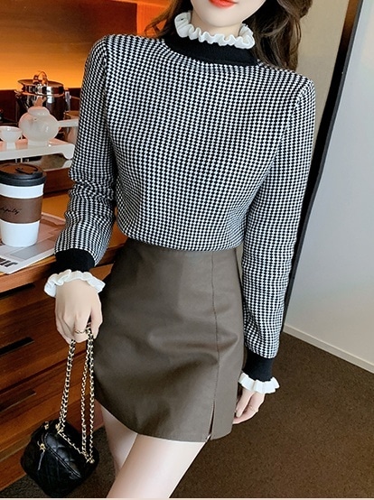 2色 チェック柄 トップス ニット セーター レディース 春 秋 かわいい オフィス 長袖 長袖 フリル袖 ハイネック フリルカラー スリム 細身 フリル ふわふわ 黒 ブラック 茶色 ブラウン S 2色 チェック柄 トップス ニット セーター レディース 春 秋 かわいい オフィス 長袖 長袖 フリル袖 ハイネック フリルカラー スリム 細身 フリル ふわふわ 黒 ブラック 茶色 ブラウン S