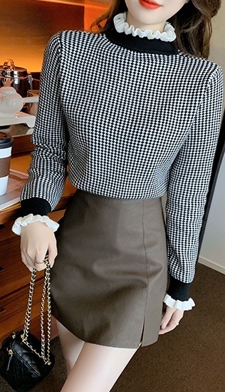 2色 チェック柄 トップス ニット セーター レディース 春 秋 かわいい オフィス 長袖 長袖 フリル袖 ハイネック フリルカラー スリム 細身 フリル ふわふわ 黒 ブラック 茶色 ブラウン S 2色 チェック柄 トップス ニット セーター レディース 春 秋 かわいい オフィス 長袖 長袖 フリル袖 ハイネック フリルカラー スリム 細身 フリル ふわふわ 黒 ブラック 茶色 ブラウン S