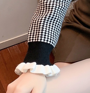 2色 チェック柄 トップス ニット セーター レディース 春 秋 かわいい オフィス 長袖 長袖 フリル袖 ハイネック フリルカラー スリム 細身 フリル ふわふわ 黒 ブラック 茶色 ブラウン S 2色 チェック柄 トップス ニット セーター レディース 春 秋 かわいい オフィス 長袖 長袖 フリル袖 ハイネック フリルカラー スリム 細身 フリル ふわふわ 黒 ブラック 茶色 ブラウン S