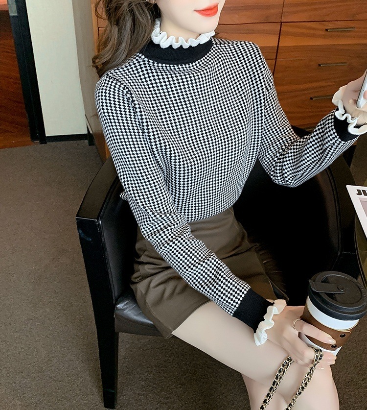 2色 チェック柄 トップス ニット セーター レディース 春 秋 かわいい オフィス 長袖 長袖 フリル袖 ハイネック フリルカラー スリム 細身 フリル ふわふわ 黒 ブラック 茶色 ブラウン S 2色 チェック柄 トップス ニット セーター レディース 春 秋 かわいい オフィス 長袖 長袖 フリル袖 ハイネック フリルカラー スリム 細身 フリル ふわふわ 黒 ブラック 茶色 ブラウン S