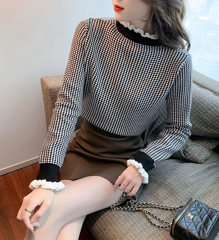 2色 チェック柄 トップス ニット セーター レディース 春 秋 かわいい オフィス 長袖 長袖 フリル袖 ハイネック フリルカラー スリム 細身 フリル ふわふわ 黒 ブラック 茶色 ブラウン S 2色 チェック柄 トップス ニット セーター レディース 春 秋 かわいい オフィス 長袖 長袖 フリル袖 ハイネック フリルカラー スリム 細身 フリル ふわふわ 黒 ブラック 茶色 ブラウン S
