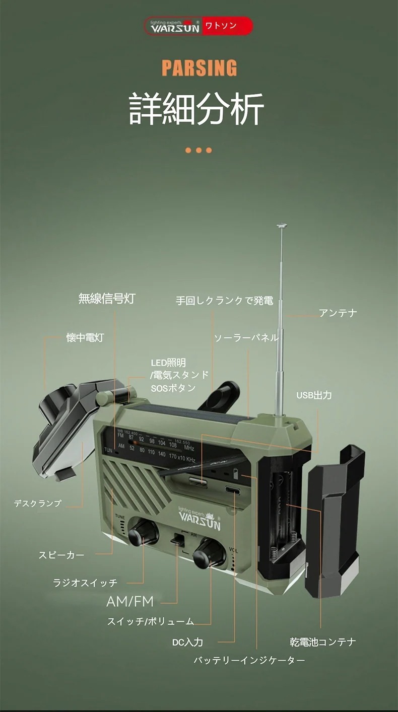 防災ラジオ手回し懐中電灯多機能緊急太陽光緊急懐中電灯