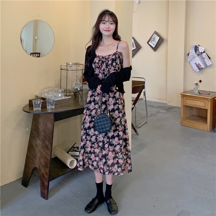 2点セット レディース ワンピース カーディガン L XL 2XL 3XL 4XL 韓国 ボレロ ニットカーディガン 大きいサイズ 花柄ワンピ キャミソールワンピース キャミワンピ セットアップ 花柄