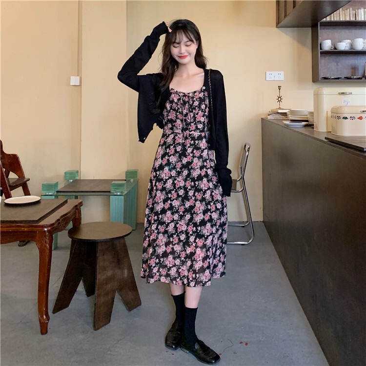 2点セット レディース ワンピース カーディガン L XL 2XL 3XL 4XL 韓国 ボレロ ニットカーディガン 大きいサイズ 花柄ワンピ キャミソールワンピース キャミワンピ セットアップ 花柄