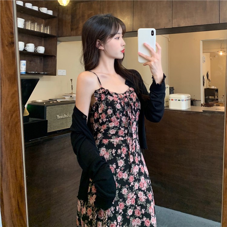 2点セット レディース ワンピース カーディガン L XL 2XL 3XL 4XL 韓国 ボレロ ニットカーディガン 大きいサイズ 花柄ワンピ キャミソールワンピース キャミワンピ セットアップ 花柄