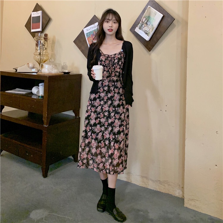 2点セット レディース ワンピース カーディガン L XL 2XL 3XL 4XL 韓国 ボレロ ニットカーディガン 大きいサイズ 花柄ワンピ キャミソールワンピース キャミワンピ セットアップ 花柄