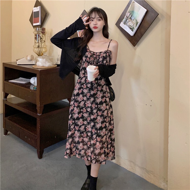 2点セット レディース ワンピース カーディガン L XL 2XL 3XL 4XL 韓国 ボレロ ニットカーディガン 大きいサイズ 花柄ワンピ キャミソールワンピース キャミワンピ セットアップ 花柄