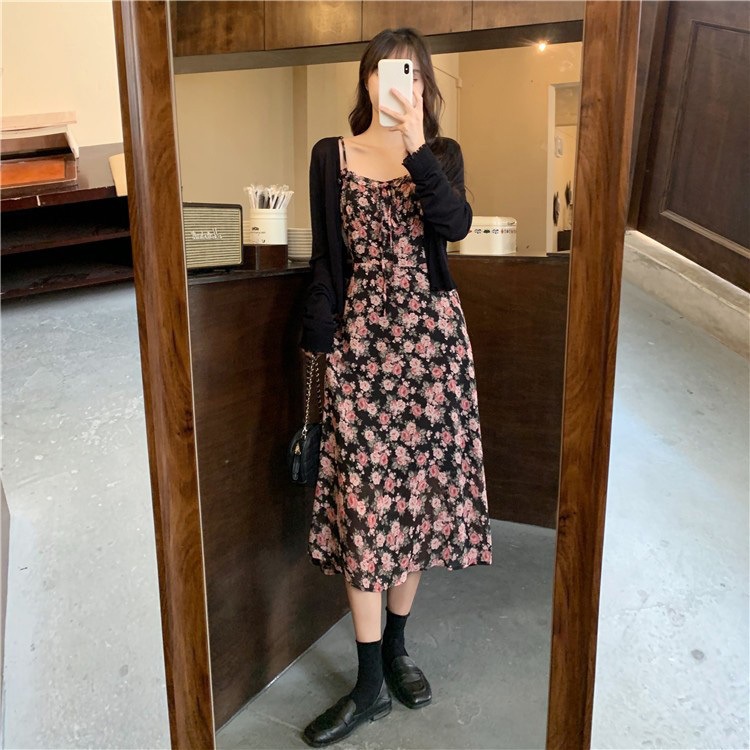 2点セット レディース ワンピース カーディガン L XL 2XL 3XL 4XL 韓国 ボレロ ニットカーディガン 大きいサイズ 花柄ワンピ キャミソールワンピース キャミワンピ セットアップ 花柄