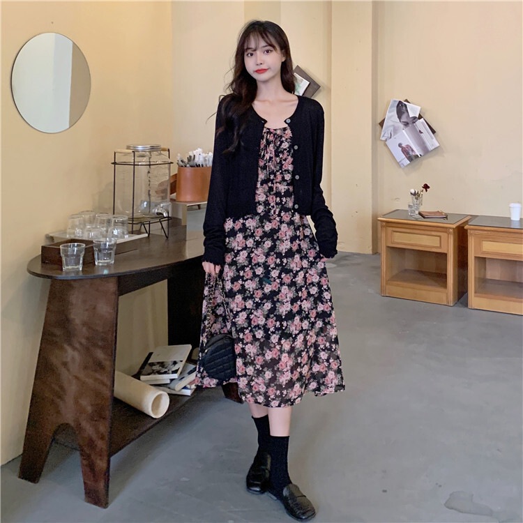 2点セット レディース ワンピース カーディガン L XL 2XL 3XL 4XL 韓国 ボレロ ニットカーディガン 大きいサイズ 花柄ワンピ キャミソールワンピース キャミワンピ セットアップ 花柄