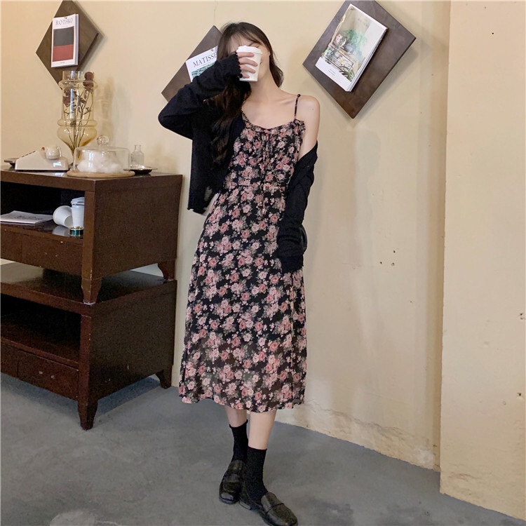 2点セット レディース ワンピース カーディガン L XL 2XL 3XL 4XL 韓国 ボレロ ニットカーディガン 大きいサイズ 花柄ワンピ キャミソールワンピース キャミワンピ セットアップ 花柄