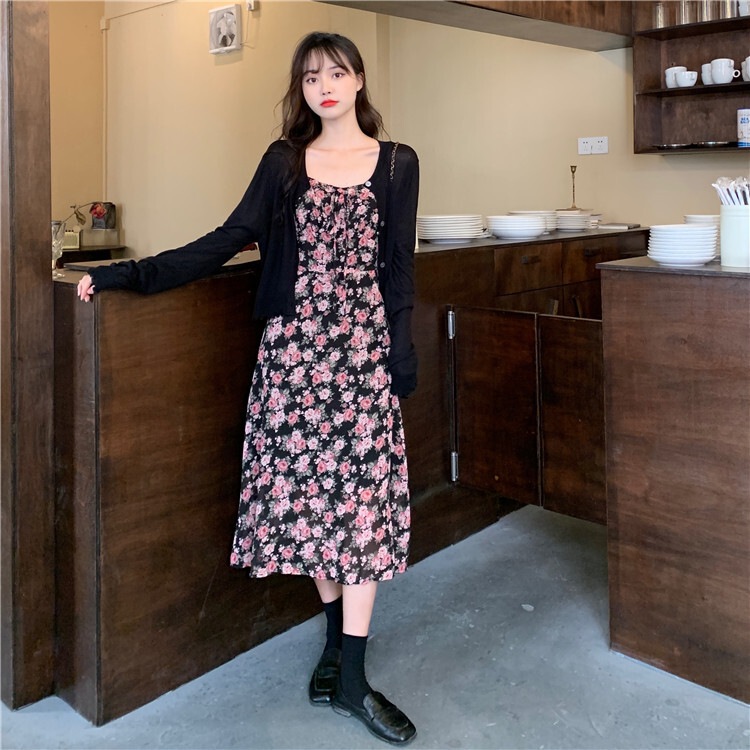 2点セット レディース ワンピース カーディガン L XL 2XL 3XL 4XL 韓国 ボレロ ニットカーディガン 大きいサイズ 花柄ワンピ キャミソールワンピース キャミワンピ セットアップ 花柄